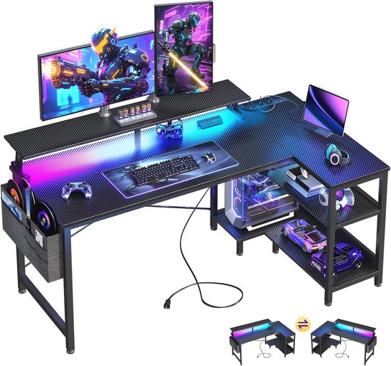 Gamingbureau met USB-oplaadpoorten en LED-verlichting - L-vormig met opbergplanken en monitorstandaard