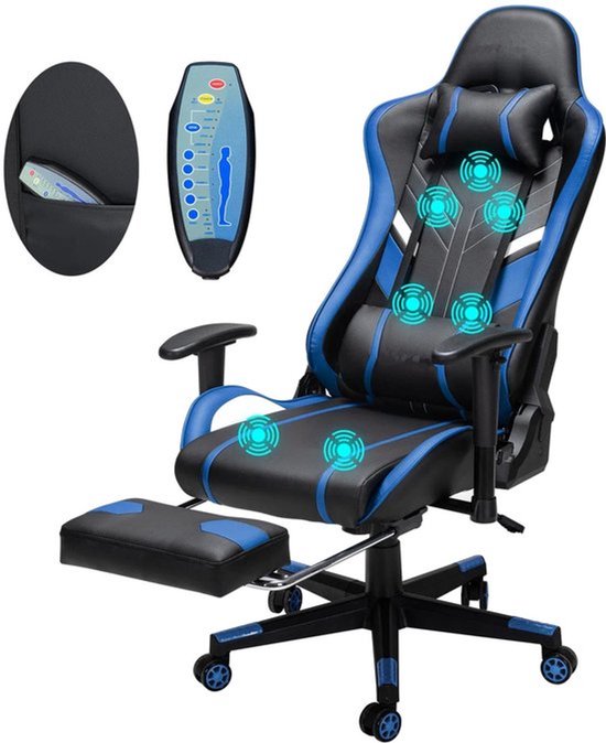 Gamingstoel – Bureaustoel – Gamestoel – Massagestoel – Ergonomische Stoel – Massagefunctie Nek En Rug – Verstelbare Hoofdsteun En Voetensteun - Zwart & Blauw