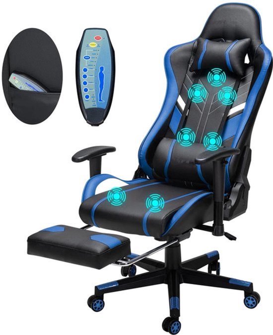 Gamingstoel - Bureaustoel - Gamestoel - Massagestoel - Ergonomische Stoel - Massagefunctie Nek En Rug - Verstelbare Hoofdsteun En Voetensteun - Zwart & Blauw