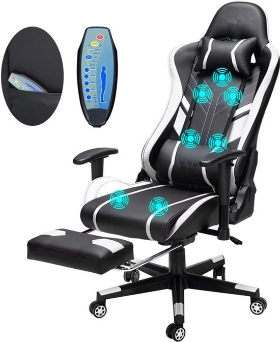 Gamingstoel – Bureaustoel – Gamestoel – Massagestoel – Ergonomische Stoel – Massagefunctie Nek & Rug – Verstelbaar 175° Kantelbaar - Zwart-Wit