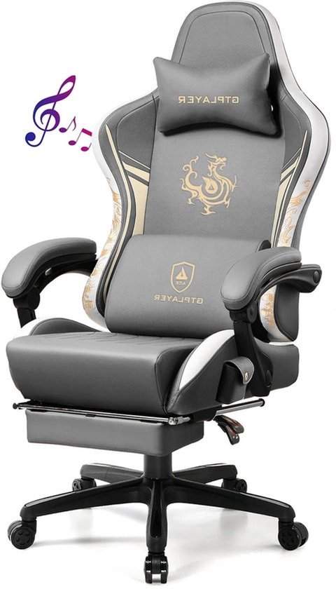 Gamingstoel – Bureaustoel – Gamestoel – Office Chair – Bureaustoel Gaming – Bluetooth Speakers – Ergonomisch Met Voetensteun – Kunstleer Grijs