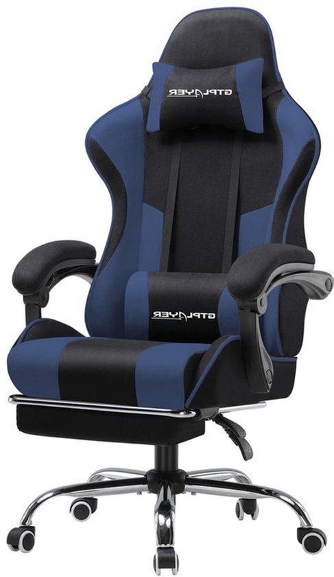 Gamingstoel – Bureaustoel – Gamestoel – Werkstoel – Comfortstoel – Verstelbare Massage Lendensteun – Ademend Blauw-Zwart Stofmateriaal