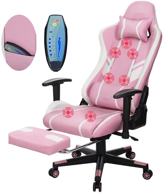 Gamingstoel – Bureaustoel – Massagestoel – Gamestoel – Office Chair – Verstelbaar tot 175° – Geïntegreerde Massagefunctie met 5 Modi - Wit & Roze