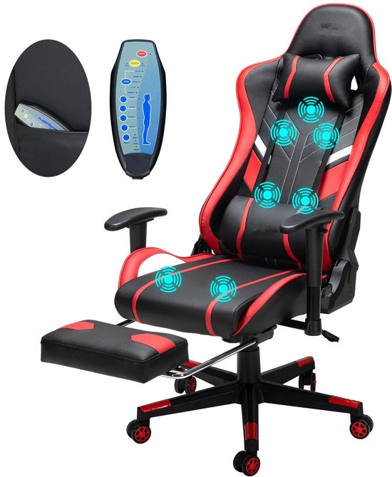 Gamingstoel – Bureaustoel – Office Chair – Gamestoel – Stoel Met Massagefunctie – Ergonomisch Design – Verstelbare Rugleuning Tot 175° - Zwart & Red