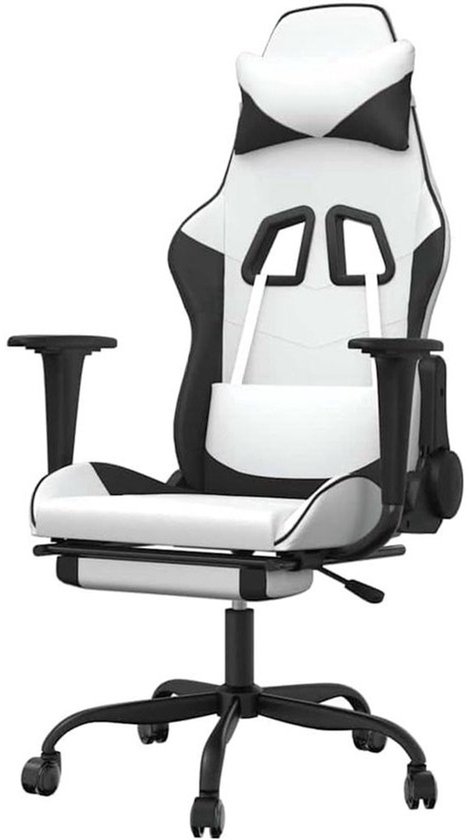 Gamingstoel - Computerstoel met voetensteun - Comfortabel zitten - Massagefunctie in heupsteun - 56 x 66 x 131 cm - Wit zwart