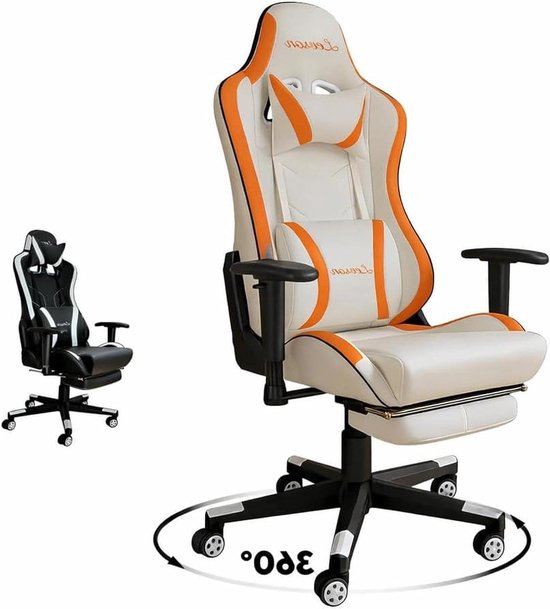 Gamingstoel Ergonomisch - Bureaustoel Computerstoel - Comfortabel Gamen - Met Lendensteun Voetsteun - Tot 150 kg - Wit Oranje