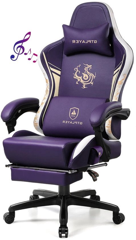 Gamingstoel – Gamerstoel – Bureaustoel – Office Chair – Computertoel – Bluetooth 5.1 Speakers – Verstelbare Rugleuning 150° – Paars – PU Leer