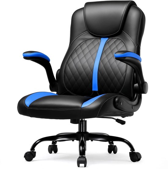 Gamingstoel – Gamestoel – Bureaustoel – Computestoel – Office Chair – Ergonomische Rugsteun – Inklapbare Armleuningen – PU-Leder – Schommelfunctie – Zwart-Blauw