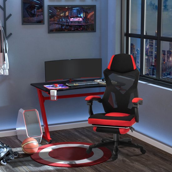 Gamingstoel – Gamestoel – Bureaustoel – Game Chair – Gamestoel – Ergonomisch Design – Verstelbare Hoogte Met Voetsteun – Polyester Zwart/Rood 58x63x112-122 cm van Merkloos