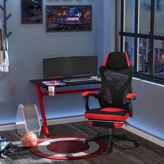 Gamingstoel – Gamestoel – Bureaustoel – Game Chair – Gamestoel – Ergonomisch Design – Verstelbare Hoogte Met Voetsteun – Polyester Zwart/Rood 58x63x112-122 cm