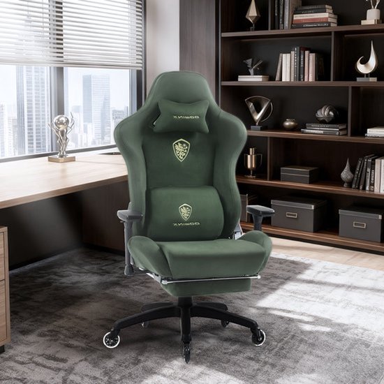 Gamingstoel – Gamestoel – Bureaustoel – Racestoel – Stoel – Ergonomische Hoge Rugleuning – 3D Armleuningen & Lumbale Ondersteuning – Uitschuifbare Voetensteun & PU Wieltjes – Groen