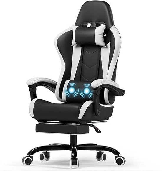 Gamingstoel – Gamestoel – Game Stoel – Gaming Chair – Bureaustoel – Massagefunctie – Inklapbare Voetensteun – Verstelbare Rugleuning – Max 150 kg – Wit van Merkloos