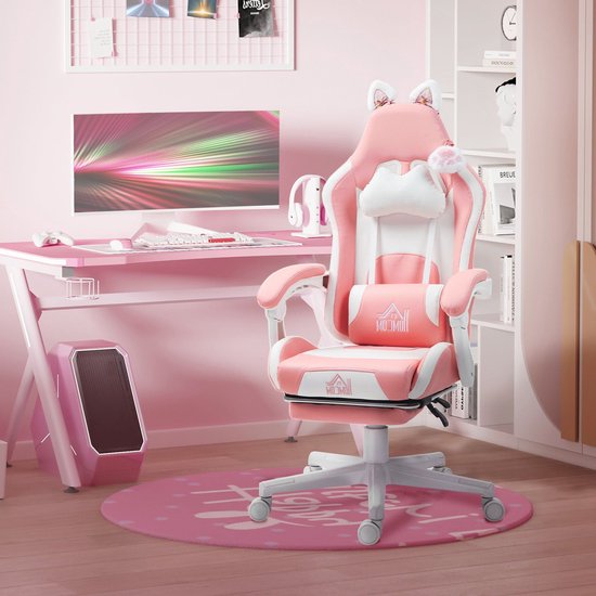 Gamingstoel – Gamestoel – Gaming Chair – Bureaustoel – Game Stoel – Ergonomisch Met Verstelbare Rugleuning – Inclusief Uitschuifbare Voetensteun – Roze Met Kattenoren van Merkloos