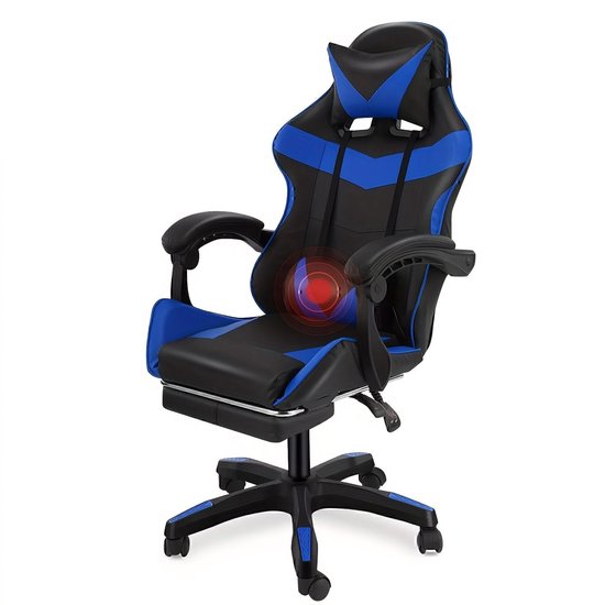 Gamingstoel – Gamestoel – Gaming Chair – Game Stoel – Bureaustoel – Ergonomisch Design – Verstelbare Rugleuning met Voetensteun – Max. 150 kg – Zwart Blauw