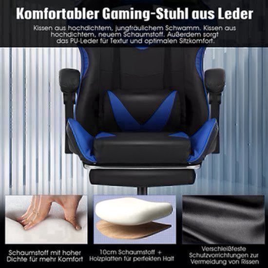 Gamingstoel – Gamestoel – Gaming Chair – Game Stoel – Bureaustoel – Ergonomisch Design – Verstelbare Rugleuning met Voetensteun – Max. 150 kg – Zwart Blauw