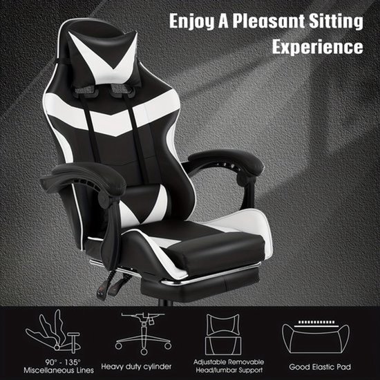 Gamingstoel – Gamestoel – Gaming Chair – Game Stoel – Bureaustoel – Ergonomisch Design – Verstelbare Rugleuning Met Voetensteun – Zwart Wit van Merkloos