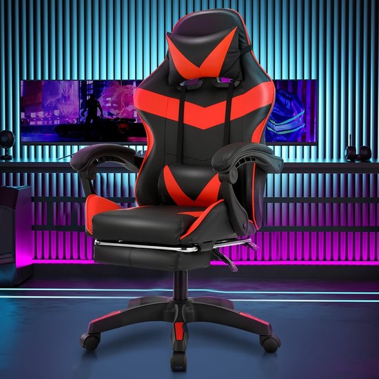 Gamingstoel – Gamestoel – Gaming Chair – Game Stoel – Bureaustoel – Ergonomisch Ontwerp – Verstelbare Rugleuning & Voetensteun – Max 150 kg – Kunstleer Zwart/Rood