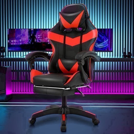 Gamingstoel – Gamestoel – Gaming Chair – Game Stoel – Bureaustoel – Ergonomisch Ontwerp – Verstelbare Rugleuning & Voetensteun – Max 150 kg – Kunstleer Zwart/Rood