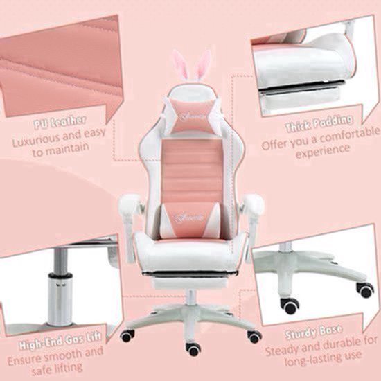 Gamingstoel – Gamestoel – Gaming Chair – Game Stoel – Bureaustoel – PU Leder – Verstelbare Hoogte 44-52 cm – 360° Draaibaar – Roze