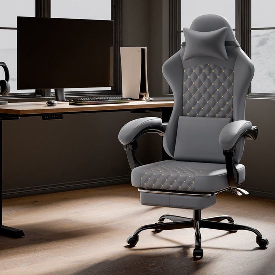 Gamingstoel – Gaming Chair – Bureaustoel – Gamestoel – Werkstoel – Ergonomisch Echt Leer – Massagefunctie – Uittrekbare Voetensteun – Grijs – Draagt 150 kg van Merkloos