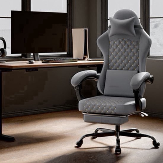 Gamingstoel – Gaming Chair – Bureaustoel – Gamestoel – Werkstoel – Ergonomisch Echt Leer – Massagefunctie – Uittrekbare Voetensteun – Grijs – Draagt 150 kg