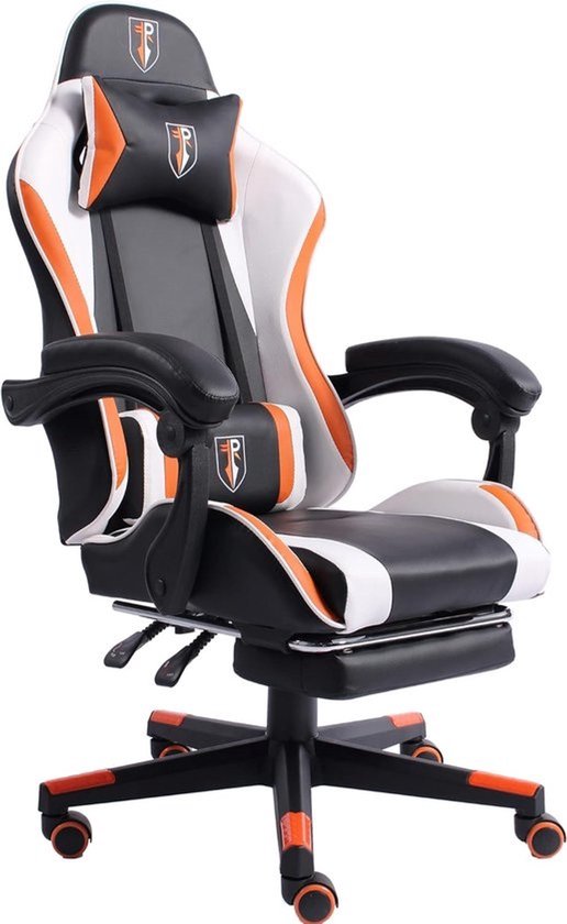 Gamingstoel in racingdesign - Met verstelbare armleuningen en voetensteun - Zwart-wit-oranje