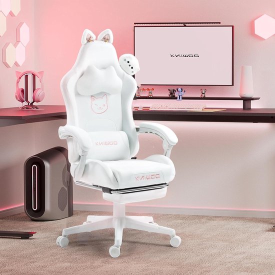Gamingstoel Katteneditie - Computerstoel Ergonomisch - Comfortabel Zitten - Verstelbare Rugleuning - 145 Graden Kantelbaar - Sneeuwwit