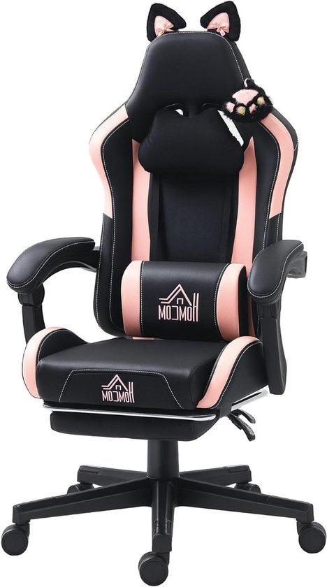 Gamingstoel met kattenoren - Gamer stoel - Comfortabel gamen - Verstelbare rugleuning - 124 cm hoog - Zwart