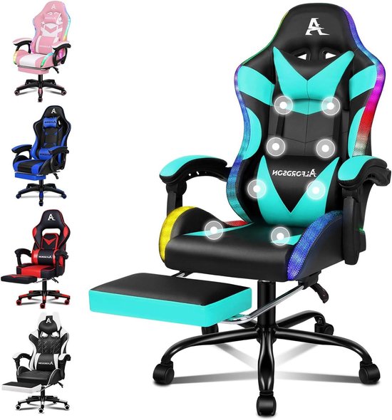Gamingstoel met massage - Bureaustoel racer - Comfortabel gamen - 8-punts massagefunctie - 180 kg draagkracht - Cyaan