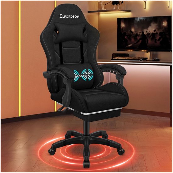 Gamingstoel met massage - Ergonomische racer - Comfortabel werken - Intrekbare voetensteun - 88 x 55 x 128 cm - Zwart
