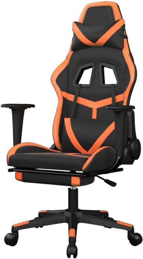 Gamingstoel met massage & voetensteun, zwart oranje kunstleer, verstelbare rugleuning en hoogte, 360 graden draaibaar, robuust metalen frame, max. 110 kg