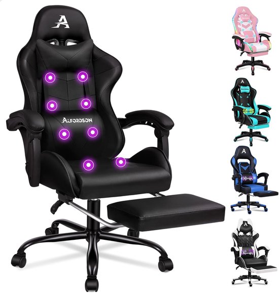 Gamingstoel met massagefunctie en intrekbare voetensteun - Ergonomische racingstoel in PU-leer van Merkloos