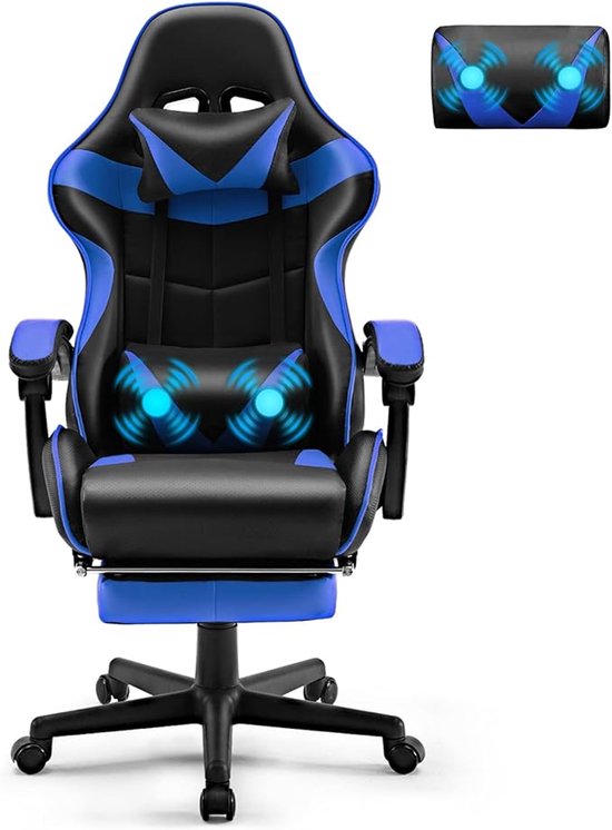 Gamingstoel met Massagefunctie en Voetensteun – Ergonomische Gamestoel met Hoofdsteun en Lendenkussen – Gevoerde Armleuningen – Blauw