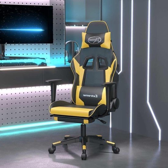 Gamingstoel met massagefunctie en voetensteun - Verstelbare rugleuning - 360 graden rotatie - Kunstleer - Zwart/goud
