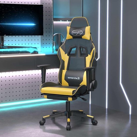 Gamingstoel met massagefunctie en voetensteun, verstelbare rugleuning, 360 graden rotatie van kunstleer in zwart/goud