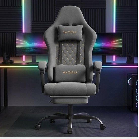 Gamingstoel met Massagefunctie, Ergonomische Bureaustoel met Pocketvering, Lendenmassage, Hoofdkussen & Voetensteun, Verstelbare Rugleuning 90-145°, Ademend Tech-Stof, 150 kg Belastbaar – Grijs/Geel – Mobili Bella van Merkloos
