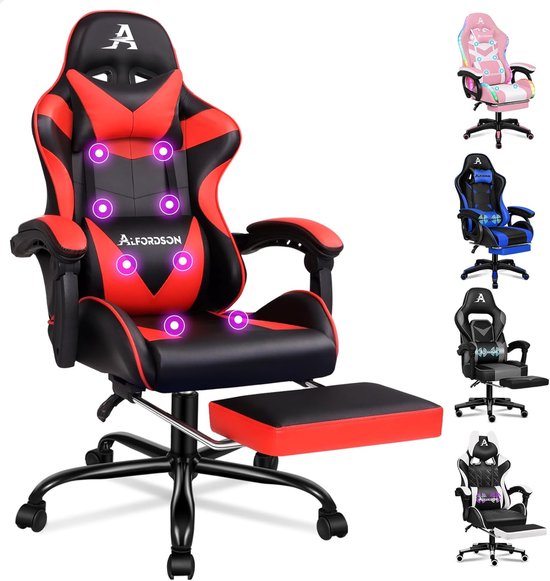 Gamingstoel met Massagefunctie, Inklapbare Voetensteun en Ergonomisch Ontwerp