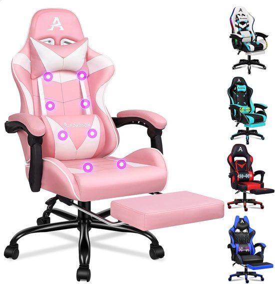 Gamingstoel met Massagepunten en Inklapbare Voetensteun - Ergonomische Racingstoel, Hoogte Verstelbaar, Draagvermogen 180 kg, Roze van Merkloos