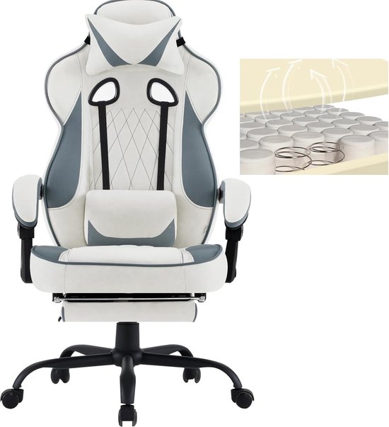 Gamingstoel met pocketveringkussen - ergonomisch - brede zitting - voetensteun - bureaustoel - gamingstoel - 150 kg belastbaar - computerstoel - draaibaar - Leathaire-stof - blauw + wit van Merkloos