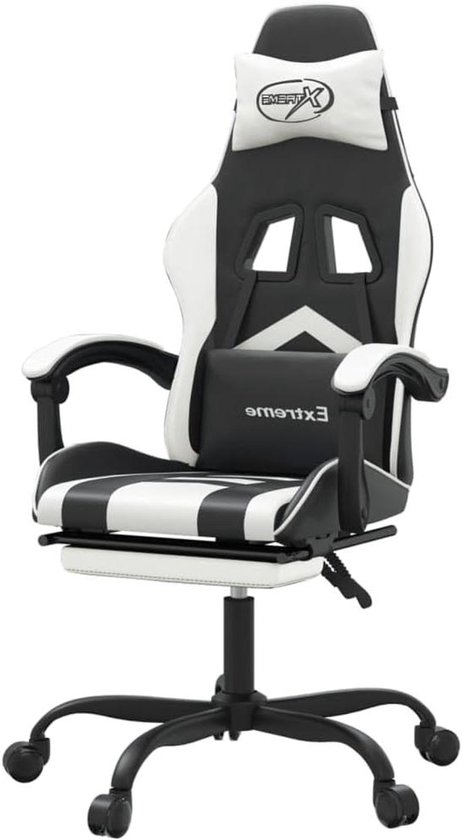 Gamingstoel met Voetensteun - Comfortabele Speelstoel - Langdurig Zitten - Verstelbare Rugleuning - 131 cm Hoog - Zwart Wit