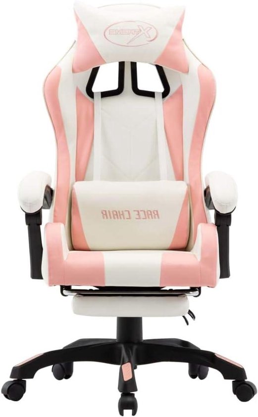 Gamingstoel met voetensteun - Comfortabele stoel - Comfortabel gamen - Intrekbare voetensteun - 48 cm zitdiepte - Roze wit