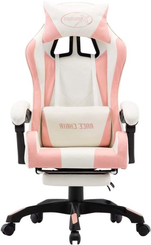 Gamingstoel - Met voetensteun - Comfortabele stoel - Voor comfortabel gamen - Intrekbare voetensteun - 48 cm zitdiepte - Roze en wit