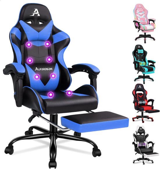 Gamingstoel met voetensteun en massagefunctie, ergonomisch ontwerp, verstelbaar, 180 kg draagvermogen, blauw van Merkloos