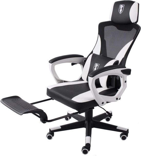 Gamingstoel Racing Design - Bureaustoel Comfort - Lang Zitten - Inklapbare Voetensteun - Tot 120kg - Zwart Wit