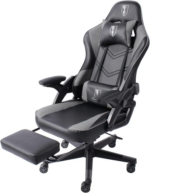 Gamingstoel Racing Design - Bureaustoel Gamer - Comfortabel Zitten - Met Uittrekbare Voetensteun - Tot 120 kg - Zwart/Grijs van Merkloos