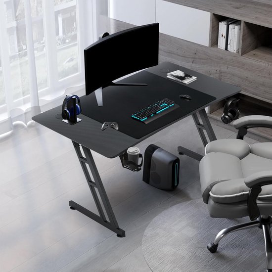 Gamingtafel 140 x 60 cm met koolstofvezeloppervlak en hoofdtelefoonhaak van Merkloos