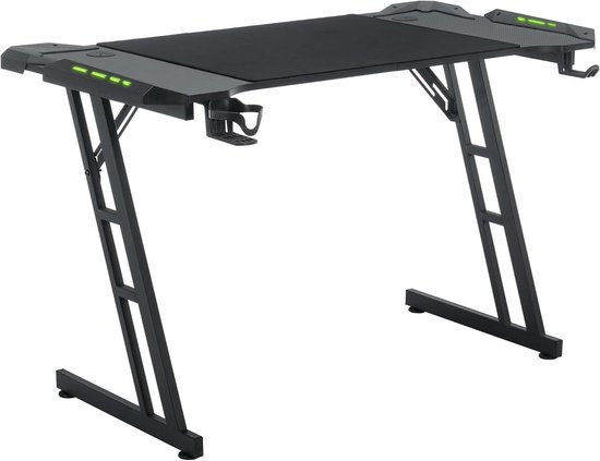 Gamingtafel 160x60 cm Z-Frame met RGB LED, koolstofvezel tafelblad, hoofdtelefoonhaak & bekerhouder