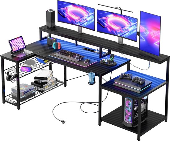 Gamingtafel 181 cm met RGB-verlichting, 3 AC-stopcontacten en 2 USB-oplaadpoorten voor PC en Monitor van Eureka Ergonomic.