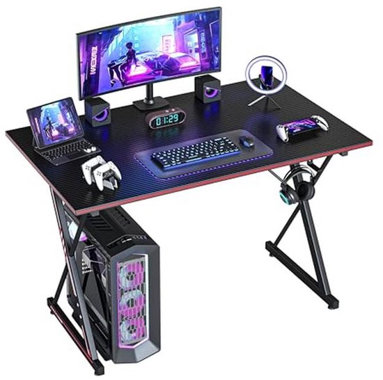 Gamingtafel 80 x 50 cm met Hoofdtelefoonhaak en Koolstofvezelcoating - Ergonomisch PC-bureau met Metalen Frame - Zwart van Merkloos