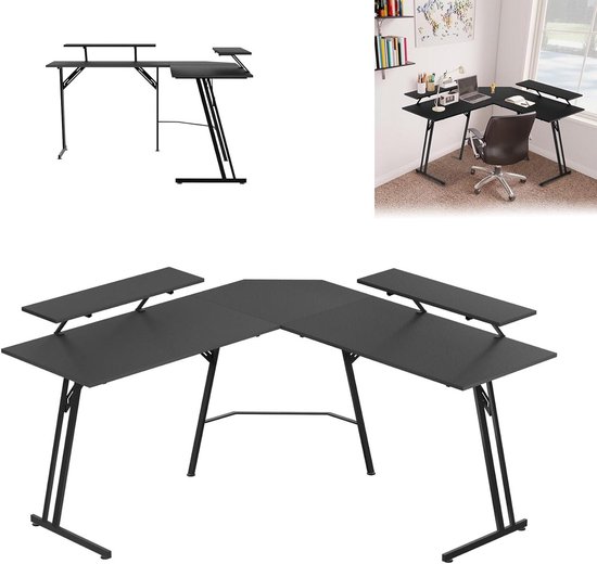 Gamingtafel - Bureau werkstation - Thuiswerken gamen - L-vormig hoekdesign - 140 cm - Zwart